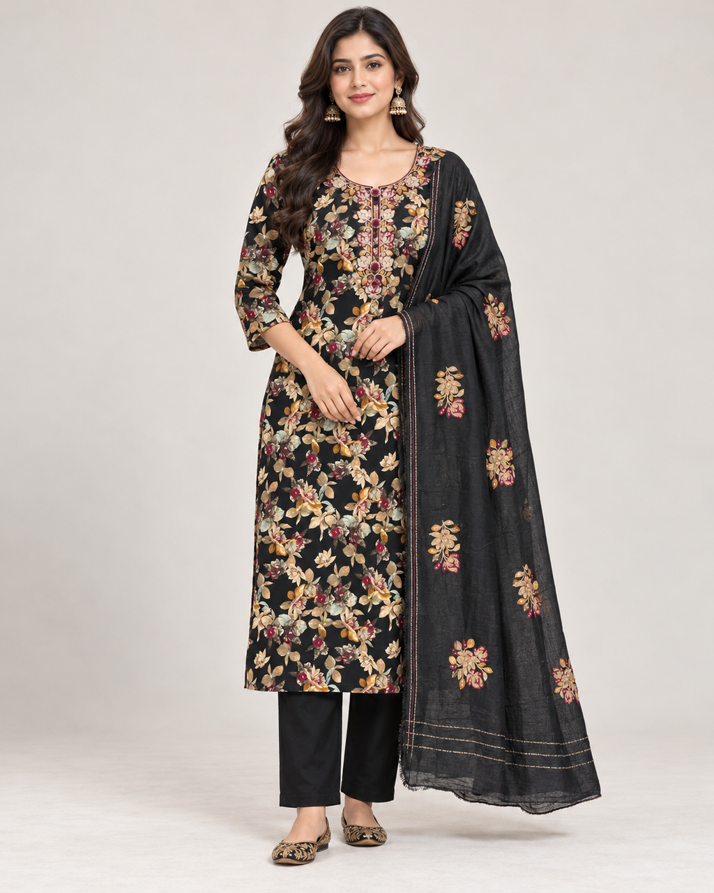 Black Floral Cotton Blend Unstitched Suit Set for Women