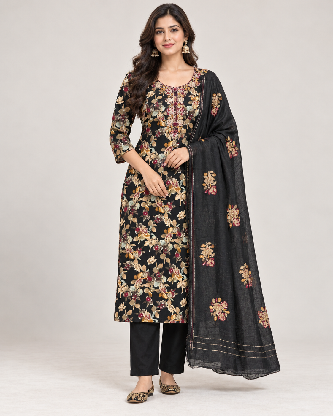 Black Floral Cotton Blend Unstitched Suit Set for Women