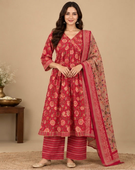 Red Floral Printed Cotton Suit Set for Women