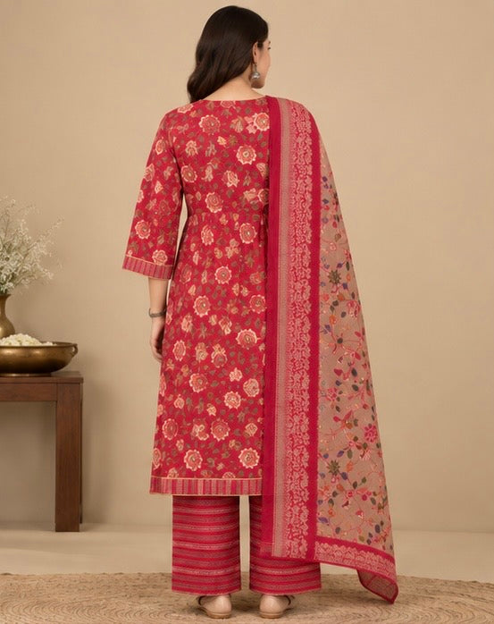 Red Floral Printed Cotton Suit Set for Women