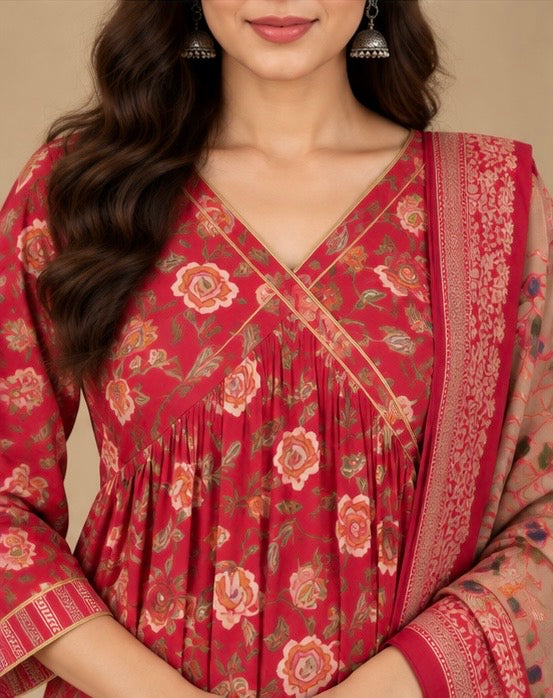 Red Floral Printed Cotton Suit Set for Women