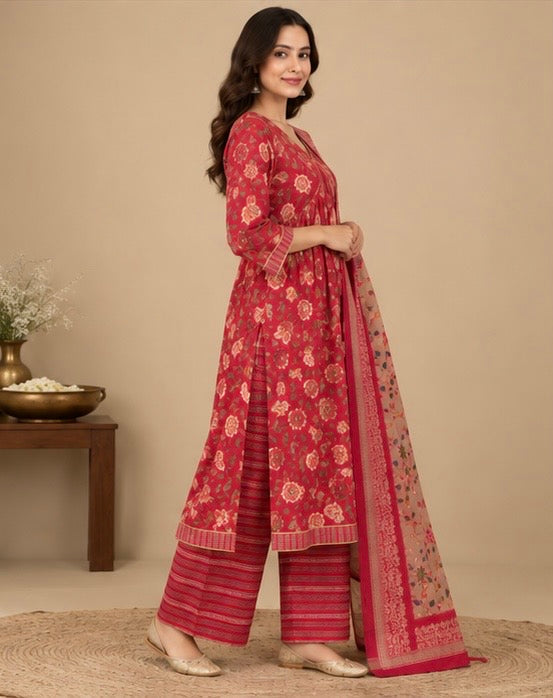 Red Floral Printed Cotton Suit Set for Women