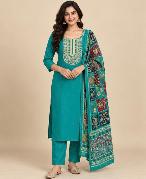 Green Embroidered Silk Blend SKD Set