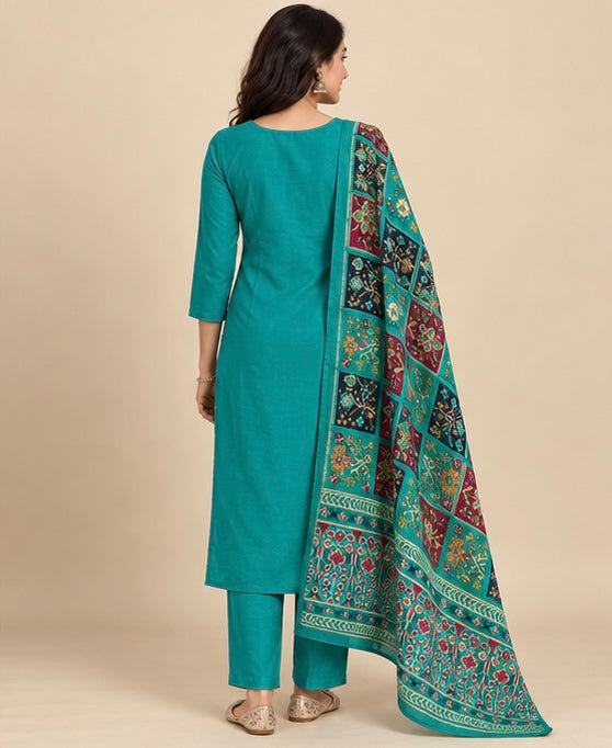 Green Embroidered Silk Blend SKD Set