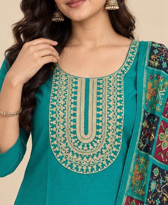 Green Embroidered Silk Blend SKD Set