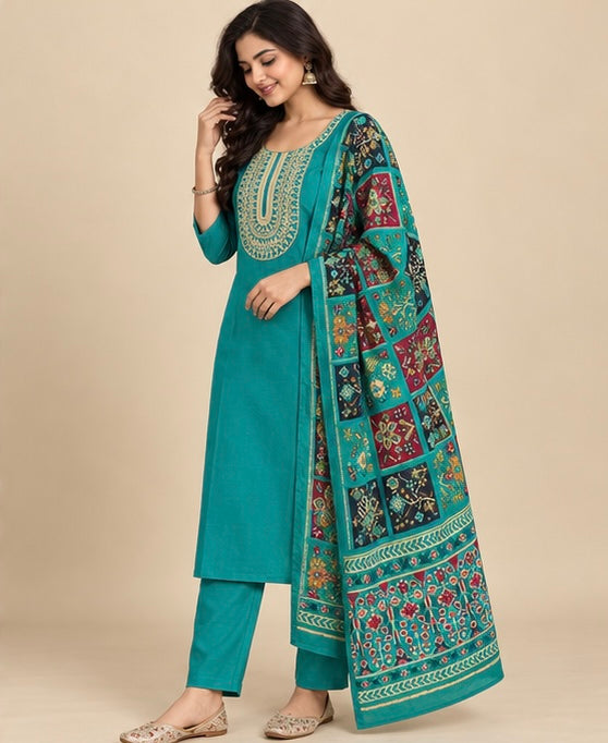 Green Embroidered Silk Blend SKD Set