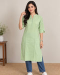 Mint Green Solid Cotton Blend Straight Kurti