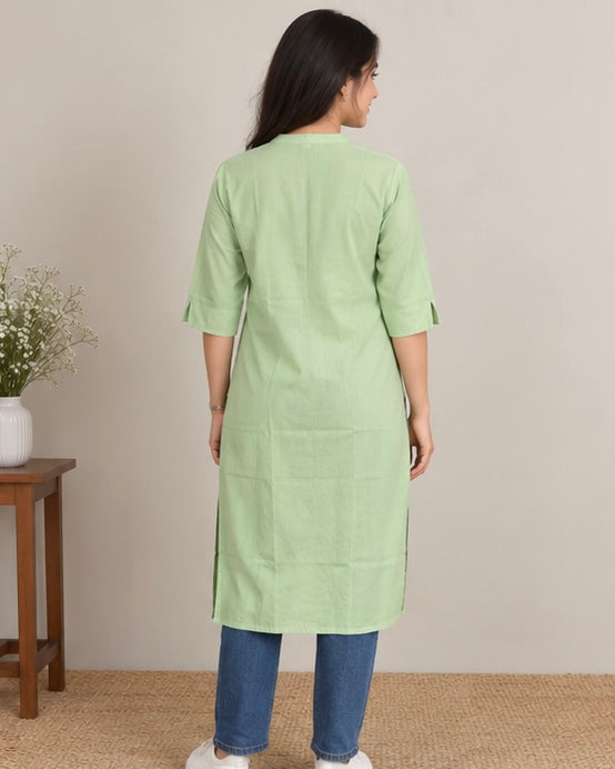 Mint Green Solid Cotton Blend Straight Kurti