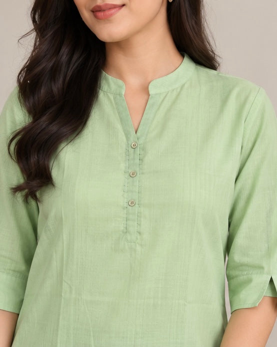 Mint Green Solid Cotton Blend Straight Kurti