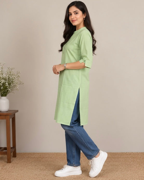 Mint Green Solid Cotton Blend Straight Kurti