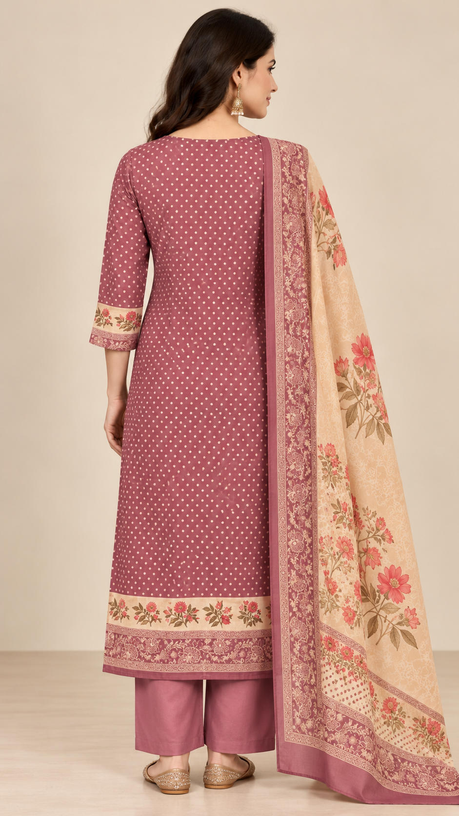 Taupe Chanderi Silk Unstitched Dress Material with Floral Printed Dupatta
