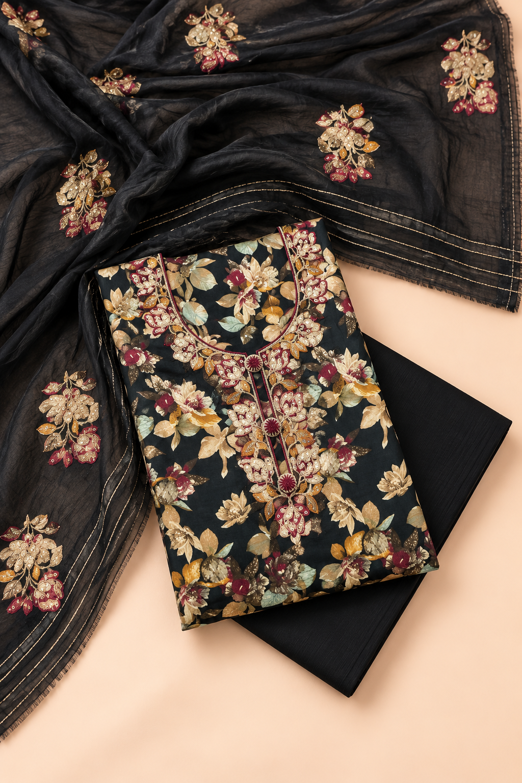 Black Floral Cotton Blend Unstitched Suit Set for Women