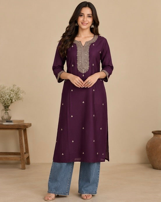 Purple Embroidered Silk Blend Kurta for Women