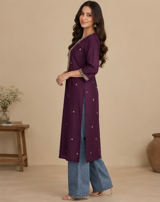 Purple Embroidered Silk Blend Kurta for Women
