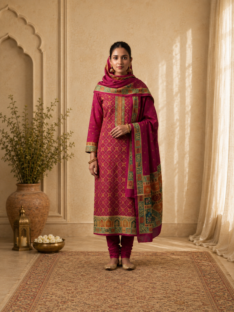 Pink Jacquard Silk Unstitched Suit Set