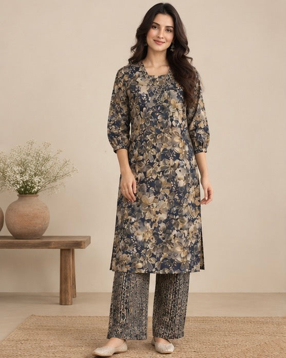 Floral Printed Silk Blend Kurta Pant Set for Women