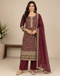 Red Embroidered Silk Blend Suit Set for Women