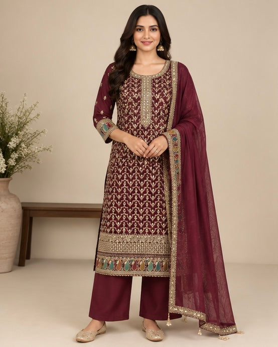 Red Embroidered Silk Blend Suit Set for Women