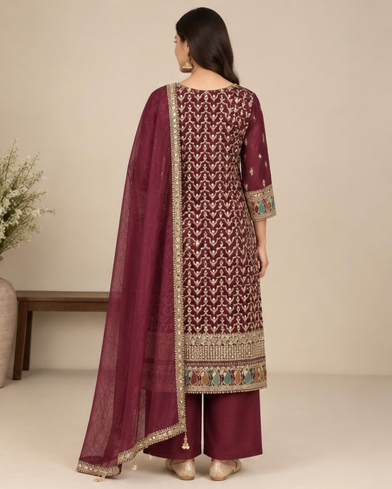 Red Embroidered Silk Blend Suit Set for Women