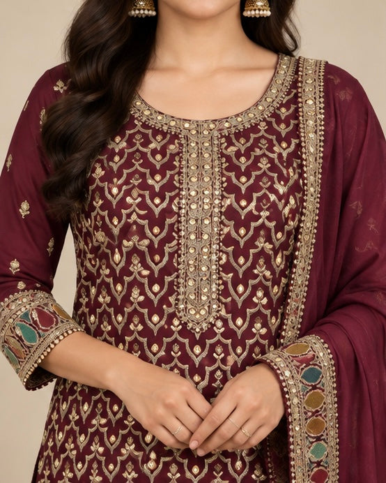 Red Embroidered Silk Blend Suit Set for Women