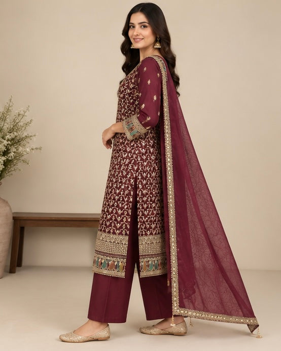 Red Embroidered Silk Blend Suit Set for Women