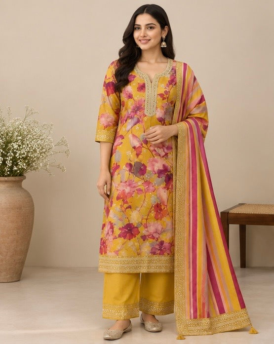 Yellow Floral Printed Silk Blend SKD Set