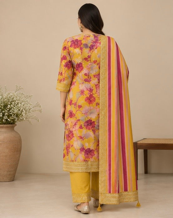 Yellow Floral Printed Silk Blend SKD Set