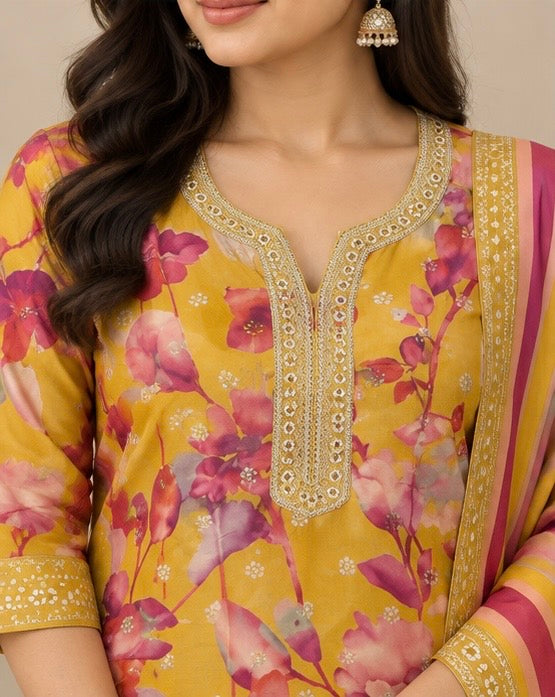Yellow Floral Printed Silk Blend SKD Set