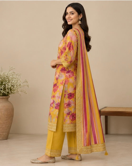 Yellow Floral Printed Silk Blend SKD Set