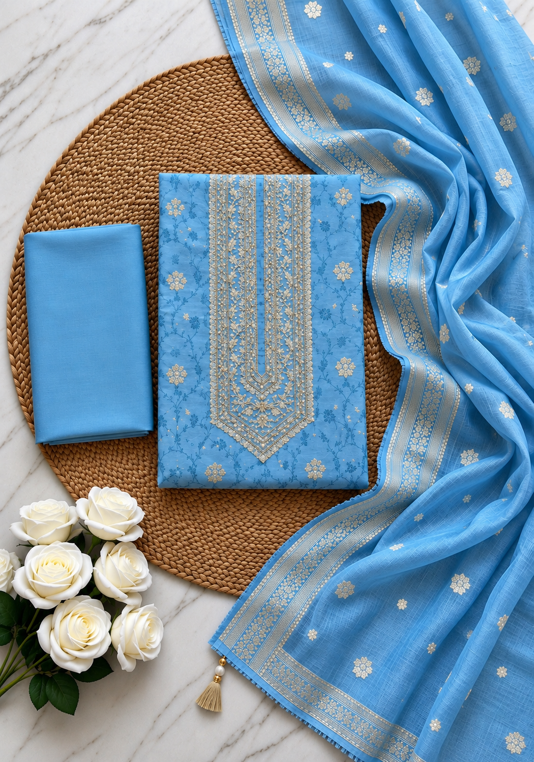 Slate Blue Silk Blend Unstitched Dress Material with Gold Motif Detailing