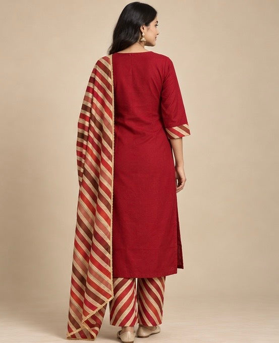 Rust Printed Cotton Blend Straight Kurta Set with Dupatta