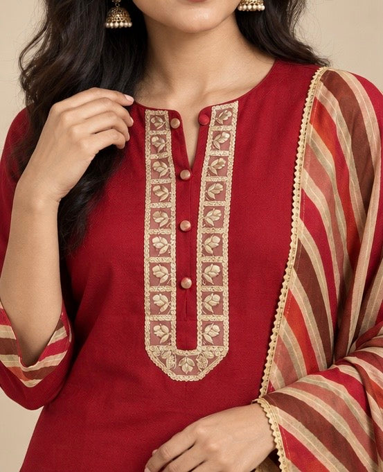 Rust Printed Cotton Blend Straight Kurta Set with Dupatta