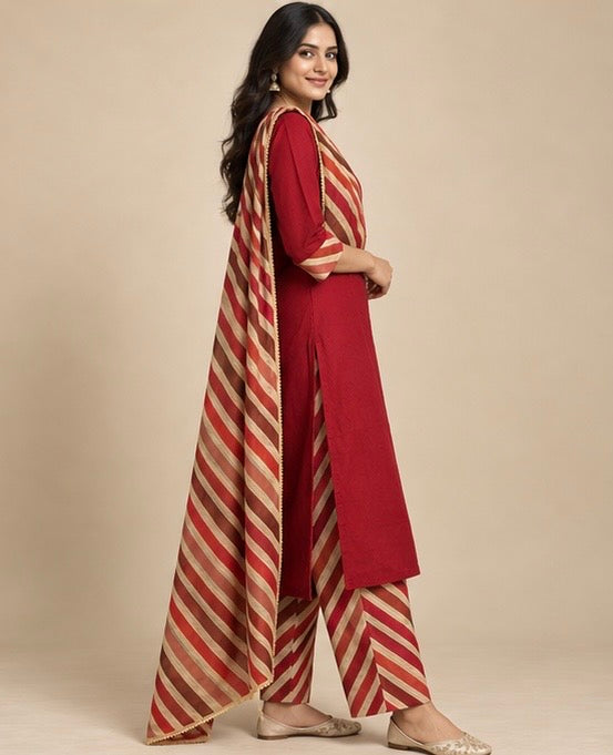 Rust Printed Cotton Blend Straight Kurta Set with Dupatta