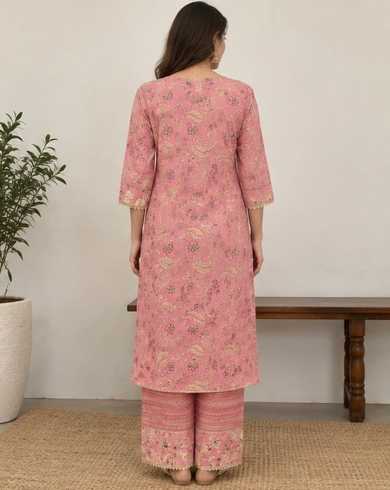 Pink Printed Cotton Blend SKD Set