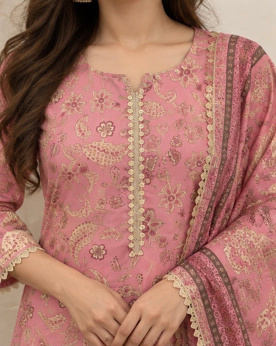 Pink Printed Cotton Blend SKD Set
