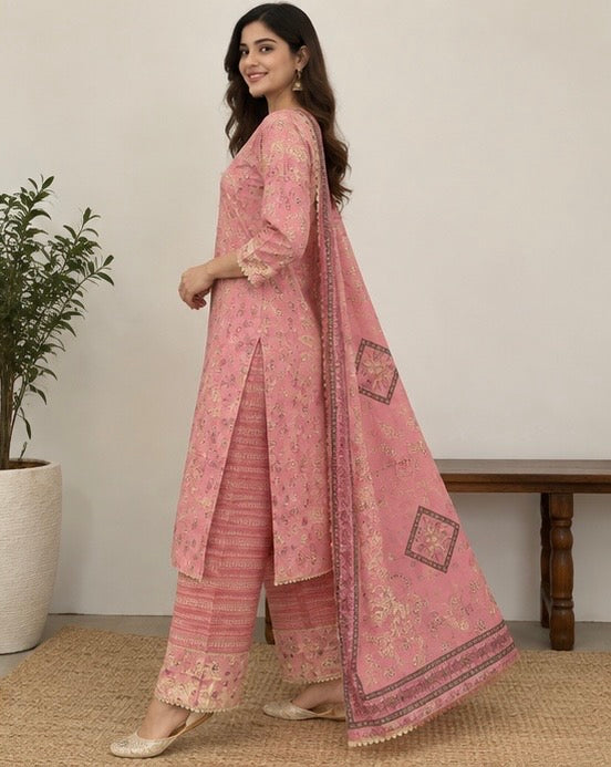 Pink Printed Cotton Blend SKD Set