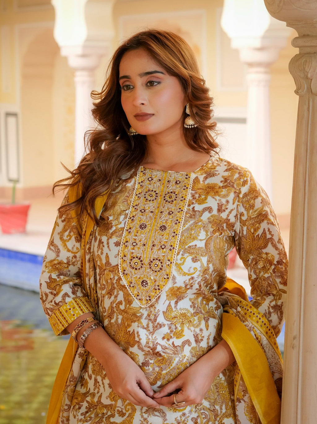 House of Sdaa Mustard Floral Printed Kurta Set,  HSDAASKMLSK000002