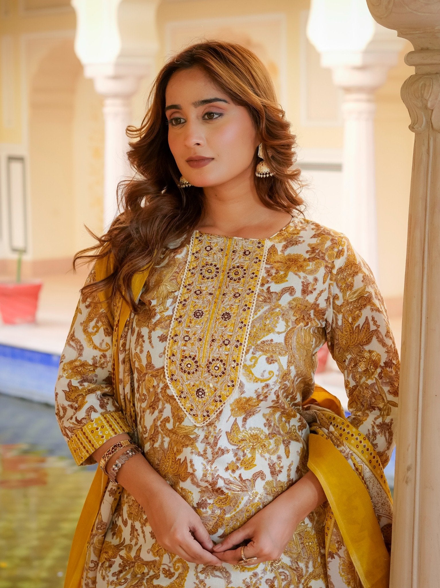 House of Sdaa Mustard Floral Printed Kurta Set,  HSDAASKMLSK000002