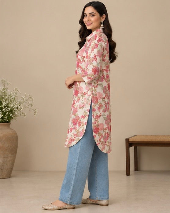 Multicolor Floral Printed Silk Blend Kurta