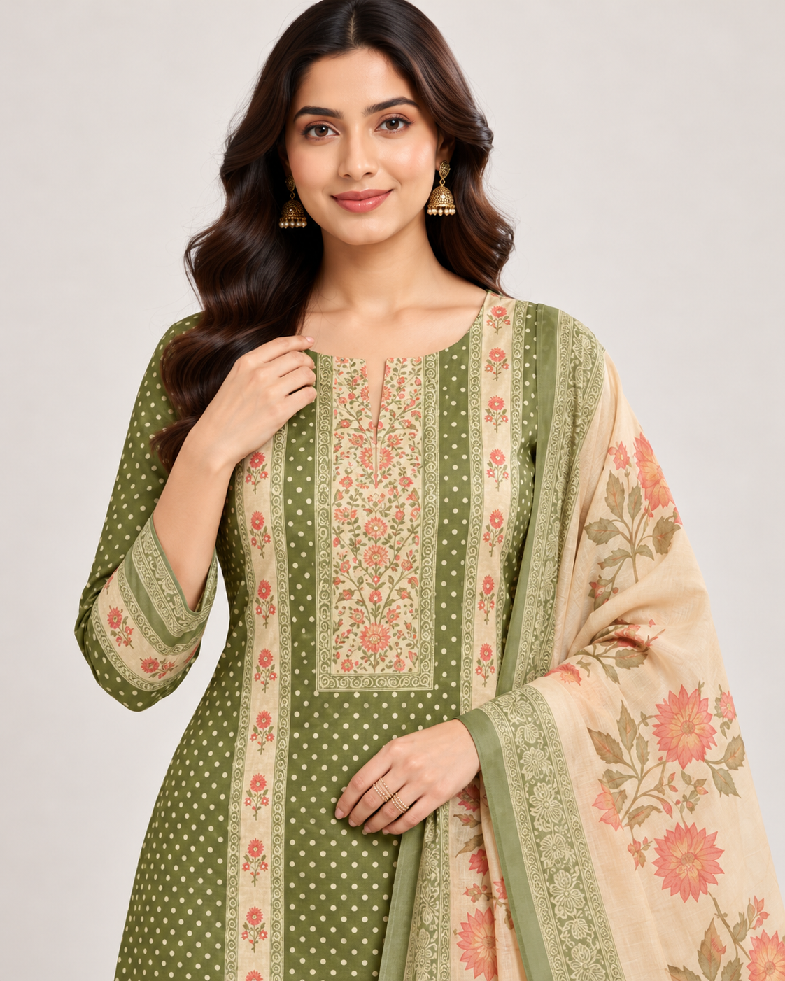 Olive Green Chanderi Silk Unstitched Dress Material with Floral Printed Dupatta