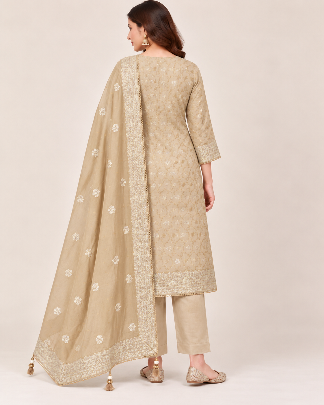 Fawn Silk Blend Unstitched Dress Material with Intricate Embroidery