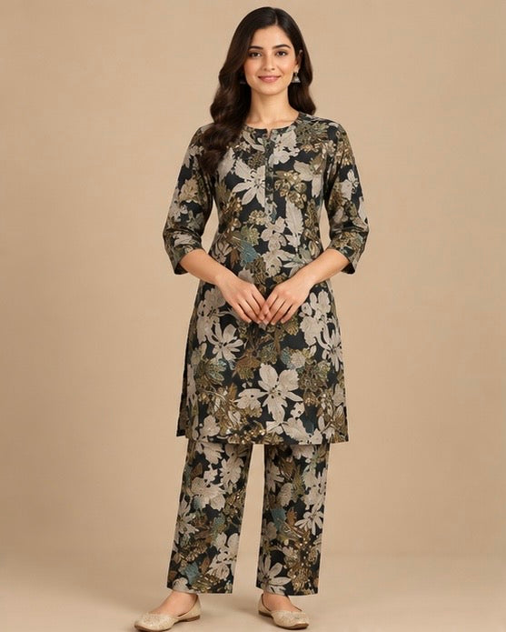 Black Floral Cotton Blend Co-Ord Set for Women