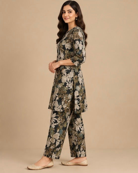 Black Floral Cotton Blend Co-Ord Set for Women