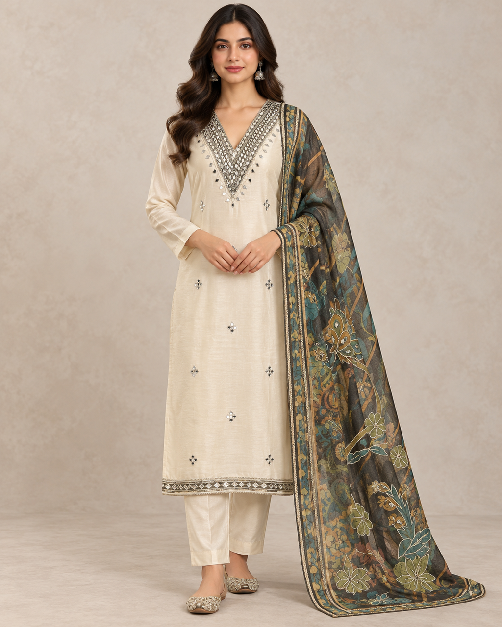 Ivory Tissue Silk Unstitched Suit Set for Women