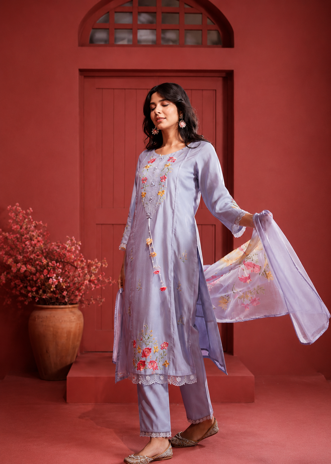 Grey Silk Blend Embroidered Salwar Suit Set