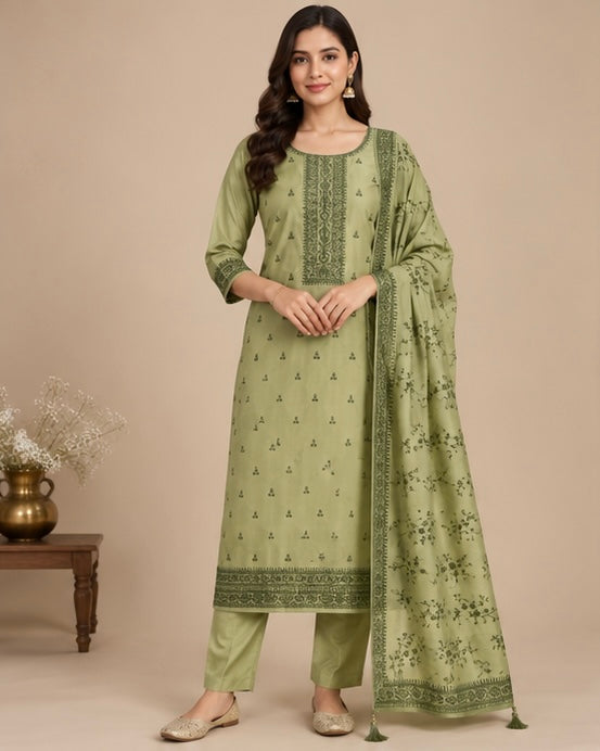 Green Printed Silk Blend SKD Set