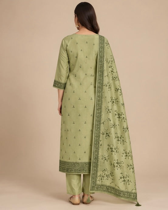 Green Printed Silk Blend SKD Set