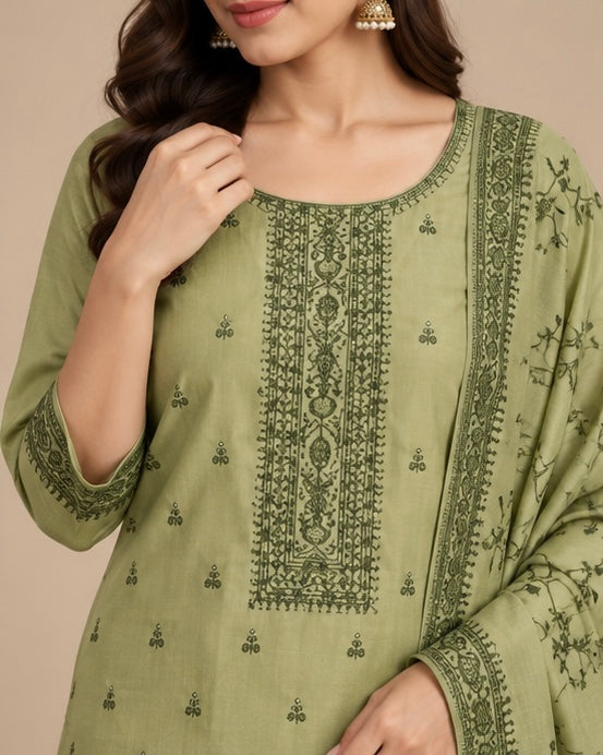 Green Printed Silk Blend SKD Set