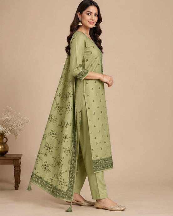 Green Printed Silk Blend SKD Set