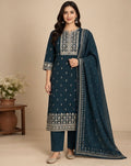 Blue Printed Silk Blend Suit Set for Women